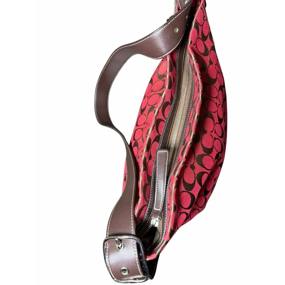 Coach 6083 Signature C Hobo Shoulder Bag Red Brown Canvas Leather Trim G15-608